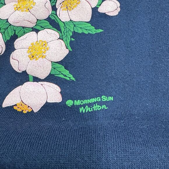 Vtg Morning Sun Collared Sweatshirt White Red Flowers Size L USA Blue Hanes - Picture 2 of 7